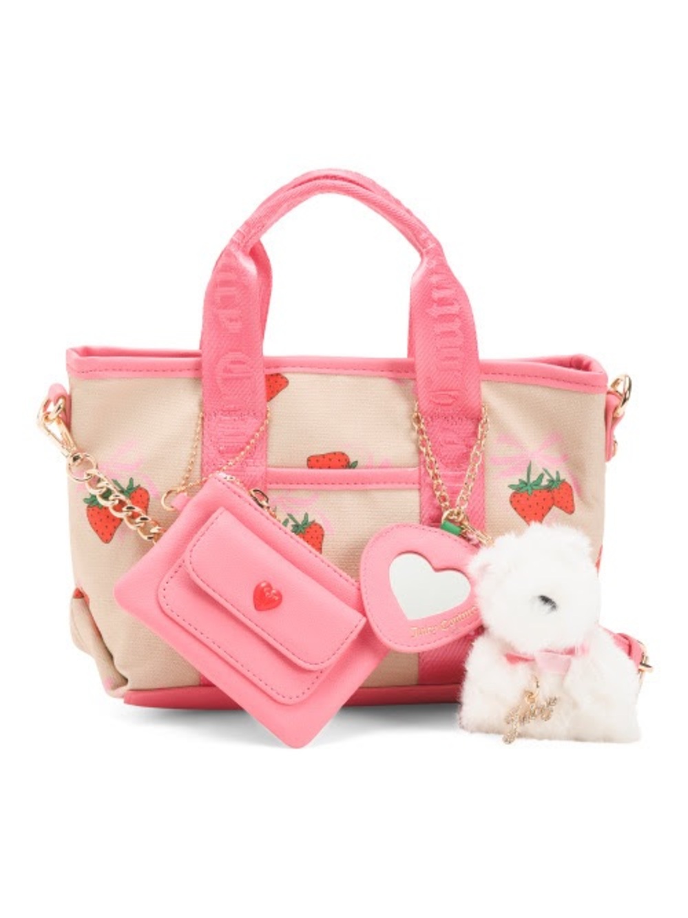 Juicy Couture Pink Strawberry Canvas Crossbody Tote with Pom Charm